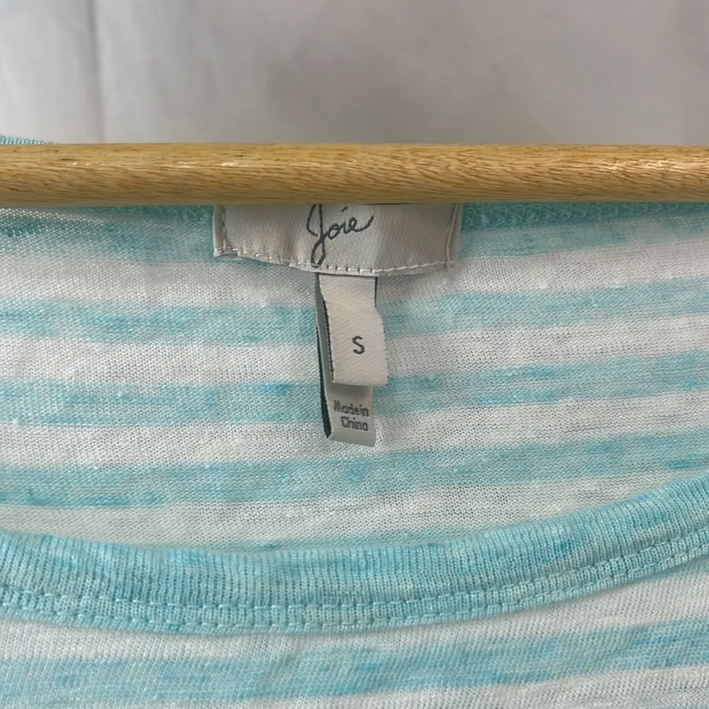 Joie Striped Linen 3/4 Sleeve Top, Small, Aqua White Kilinda Yarn-Dyed Slub Tee - Picture 5 of 9